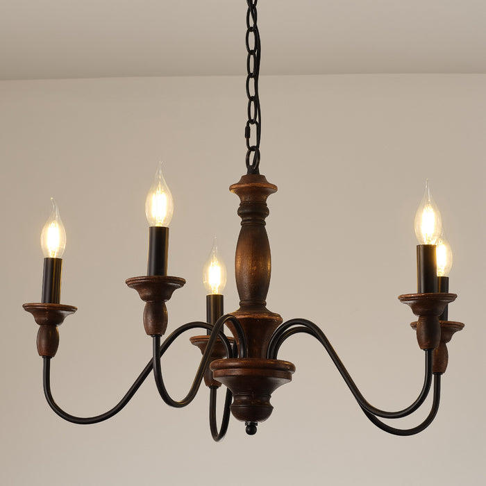 5-Light Brown Vintage Wooden Pendant Lighting