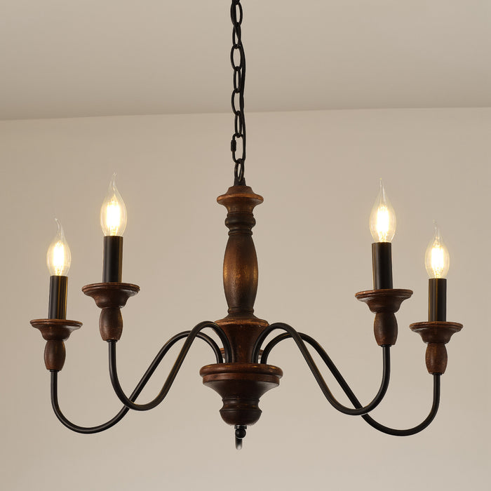 5-Light Brown Vintage Wooden Pendant Lighting