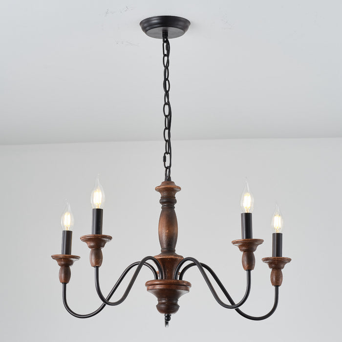 5-Light Brown Vintage Wooden Pendant Lighting