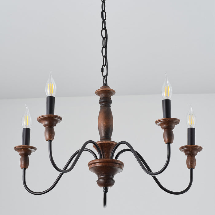 5-Light Brown Vintage Wooden Pendant Lighting