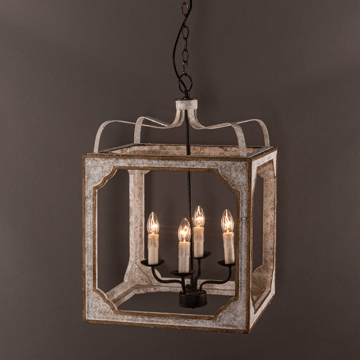 4-Light Farmhouse Square Wood Metal Pendant Lighting in Antique Gray With Adjustable Hanging Length