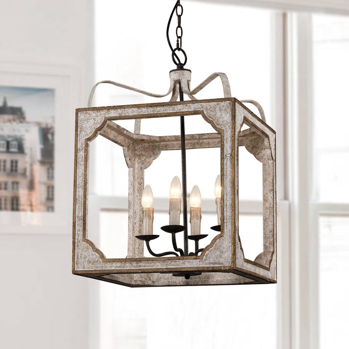 4-Light Farmhouse Square Wood Metal Pendant Lighting in Antique Gray With Adjustable Hanging Length