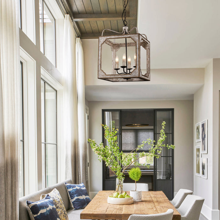 4-Light Farmhouse Square Wood Metal Pendant Lighting in Antique Gray With Adjustable Hanging Length