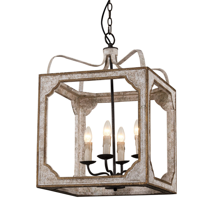 4-Light Farmhouse Square Wood Metal Pendant Lighting in Antique Gray With Adjustable Hanging Length