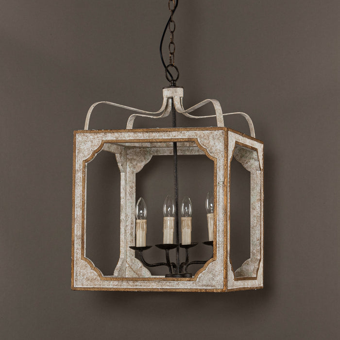 4-Light Farmhouse Square Wood Metal Pendant Lighting in Antique Gray With Adjustable Hanging Length