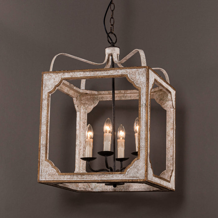 4-Light Farmhouse Square Wood Metal Pendant Lighting in Antique Gray With Adjustable Hanging Length