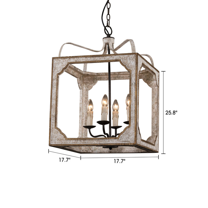 4-Light Farmhouse Square Wood Metal Pendant Lighting in Antique Gray With Adjustable Hanging Length