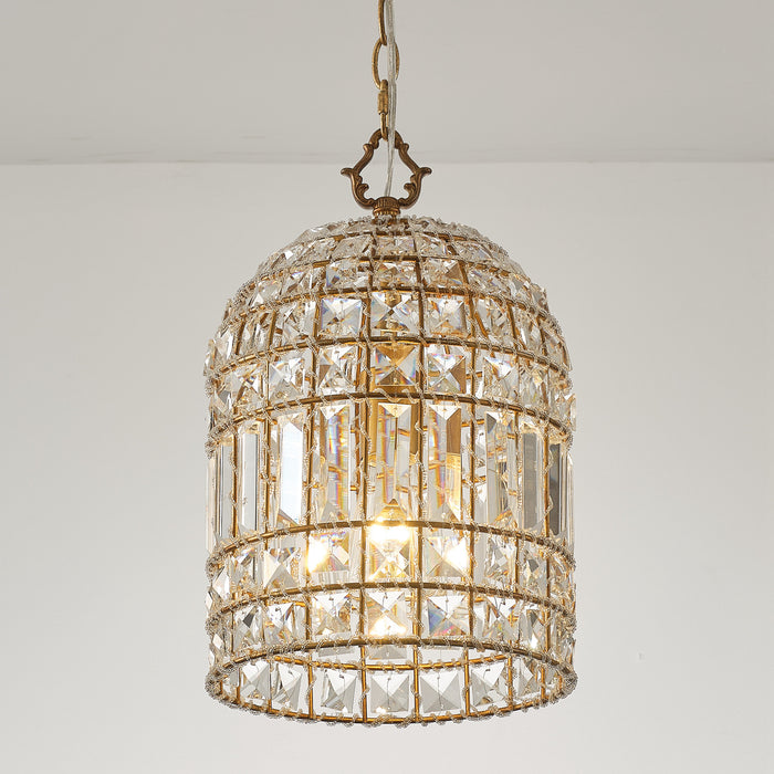 1-Light Modern Glam Bird Cage Golden Chandelier with Crystals