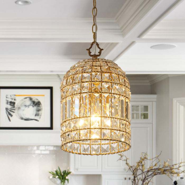 1-Light Modern Glam Bird Cage Golden Chandelier with Crystals