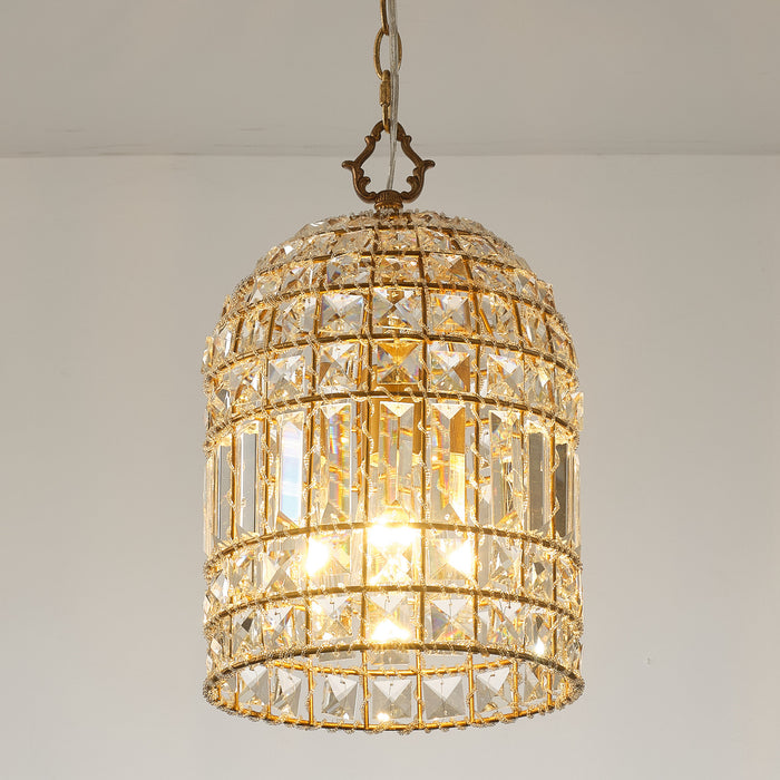 1-Light Modern Glam Bird Cage Golden Chandelier with Crystals