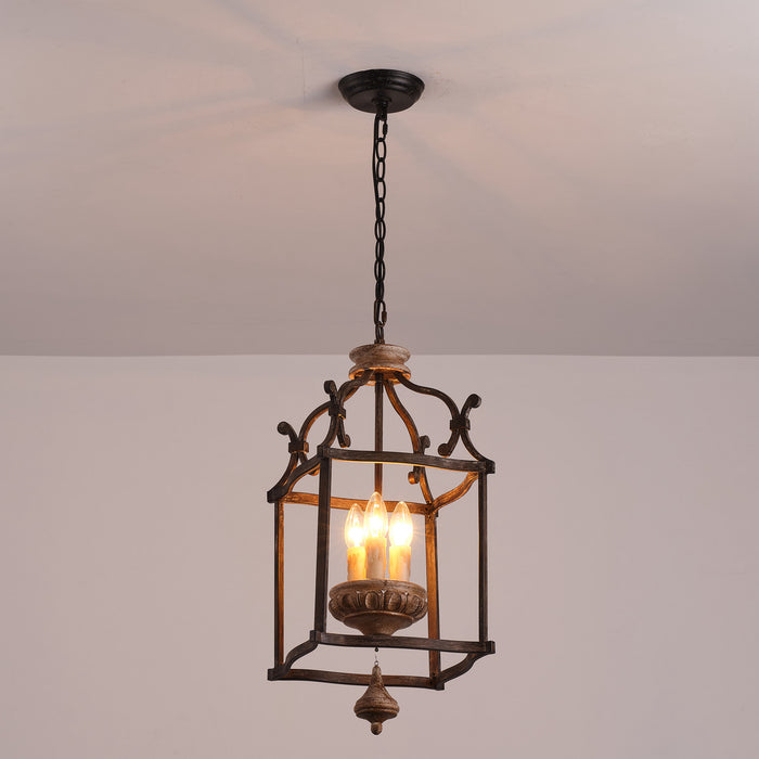 3-Light Brown Farmhouse Pendant Lighting with Birdcage Style With Adjustable Length Chain