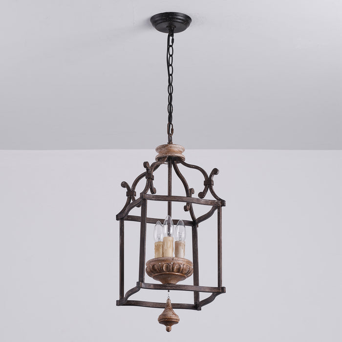 3-Light Brown Farmhouse Pendant Lighting with Birdcage Style With Adjustable Length Chain