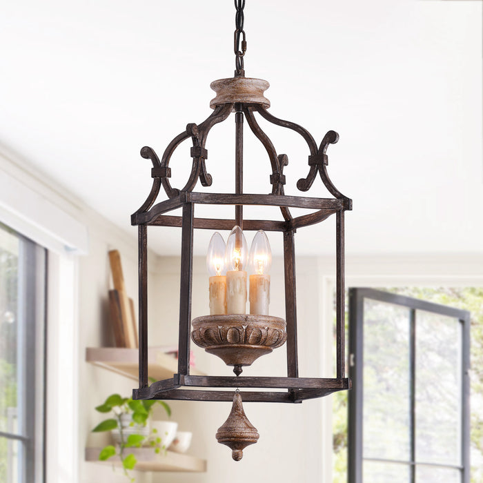 3-Light Brown Farmhouse Pendant Lighting with Birdcage Style With Adjustable Length Chain