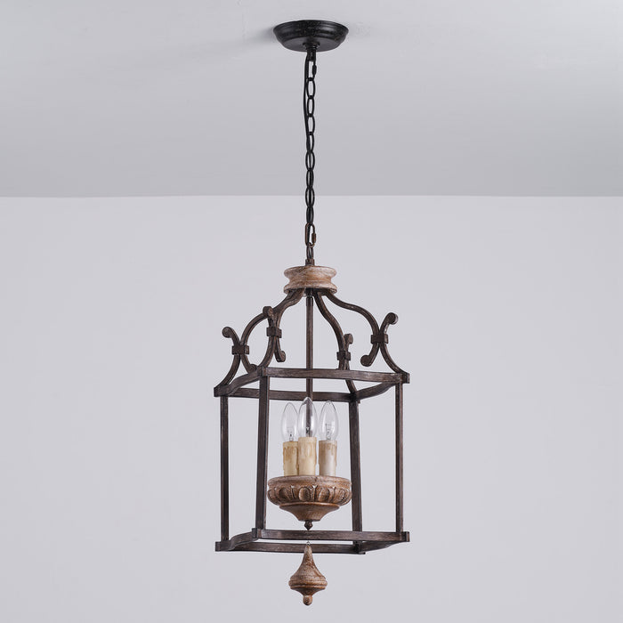 3-Light Brown Farmhouse Pendant Lighting with Birdcage Style With Adjustable Length Chain