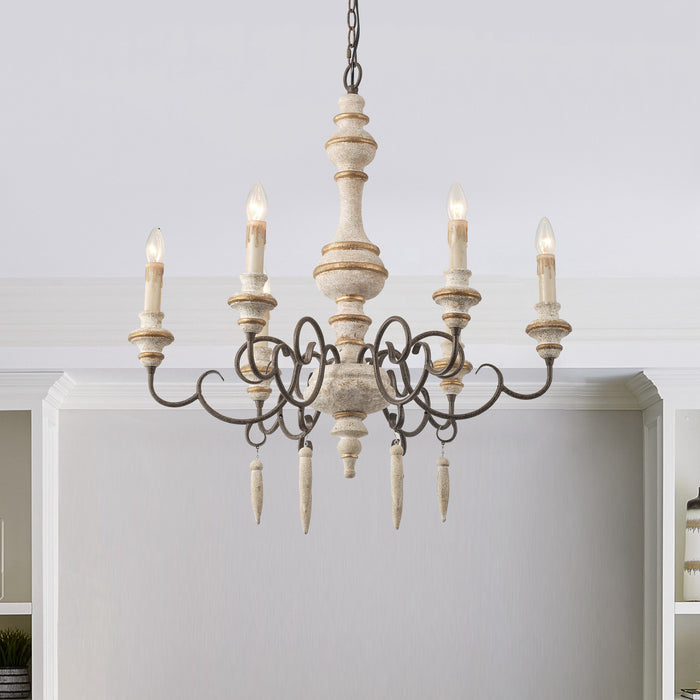 6-Light Farmhouse Wood Ceiling Light Candle-style Chandelier with Adjustable Hanging Length