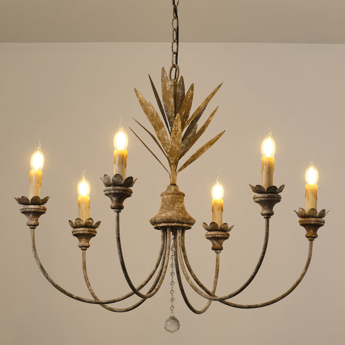 6-Light Brown Farmhouse Pendant Lighting with Leaves Style With Adjustable Length Chain