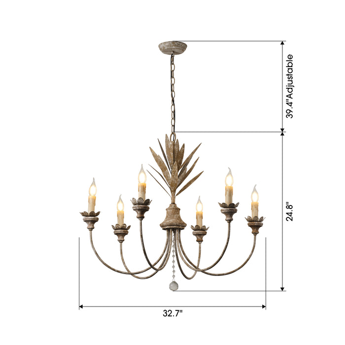 6-Light Brown Farmhouse Pendant Lighting with Leaves Style With Adjustable Length Chain