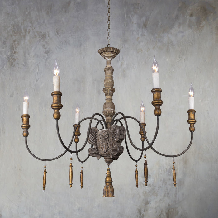 6-Light Brown Farmhouse French Country Chandelier With Adjustable Length Chain