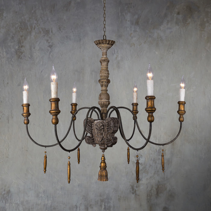 6-Light Brown Farmhouse French Country Chandelier With Adjustable Length Chain