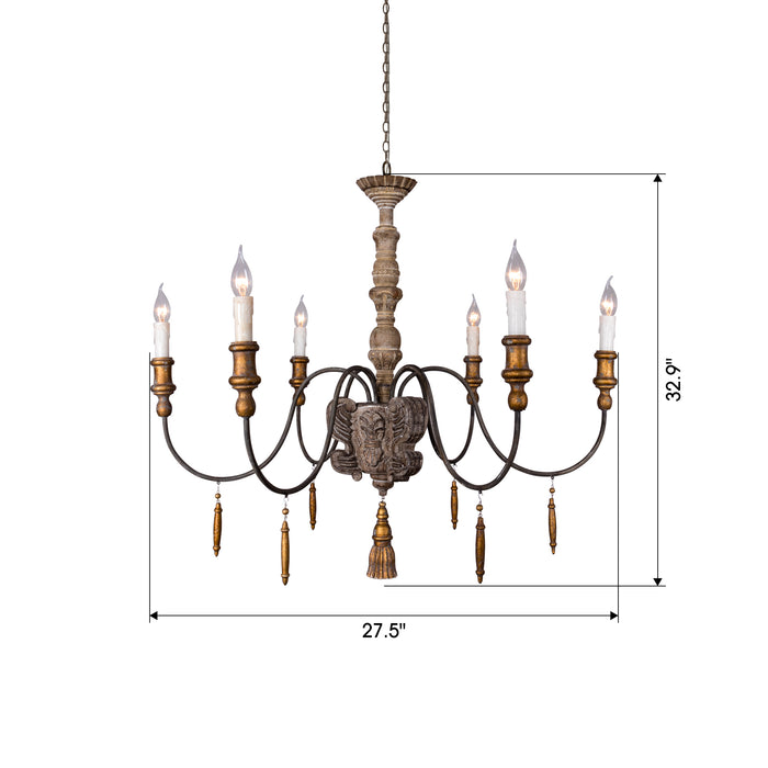 6-Light Brown Farmhouse French Country Chandelier With Adjustable Length Chain