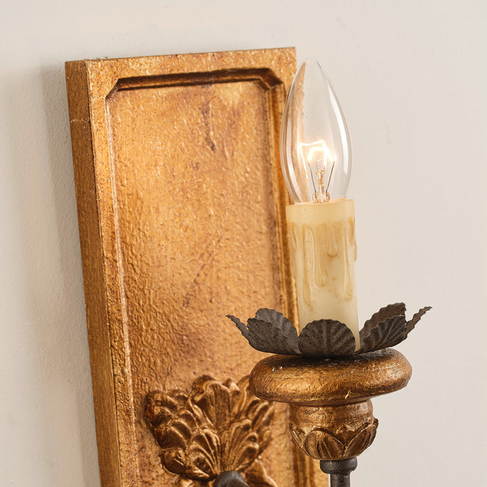 1-Light French Farmhouse Vintage Golden Solid Wood Carved Wall Sconces Lighting in Enterance