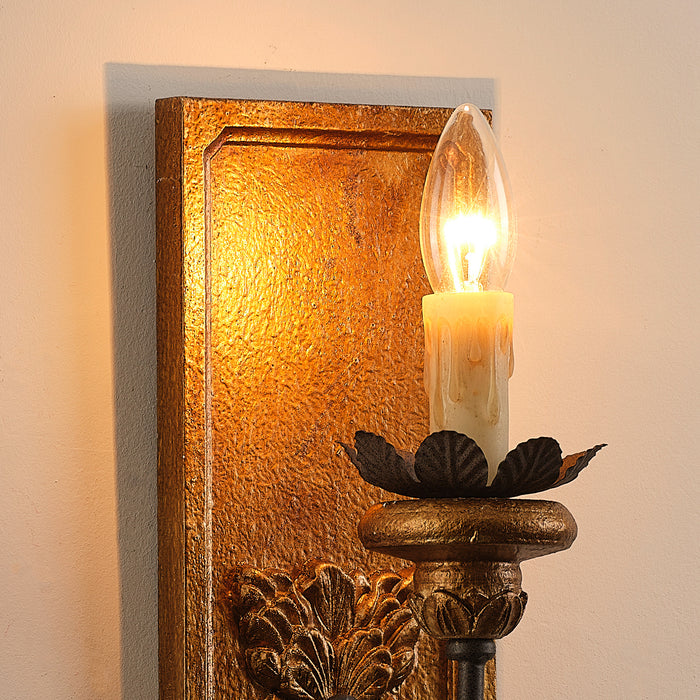 1-Light French Farmhouse Vintage Golden Solid Wood Carved Wall Sconces Lighting in Enterance