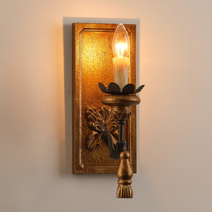 1-Light French Farmhouse Vintage Golden Solid Wood Carved Wall Sconces Lighting in Enterance