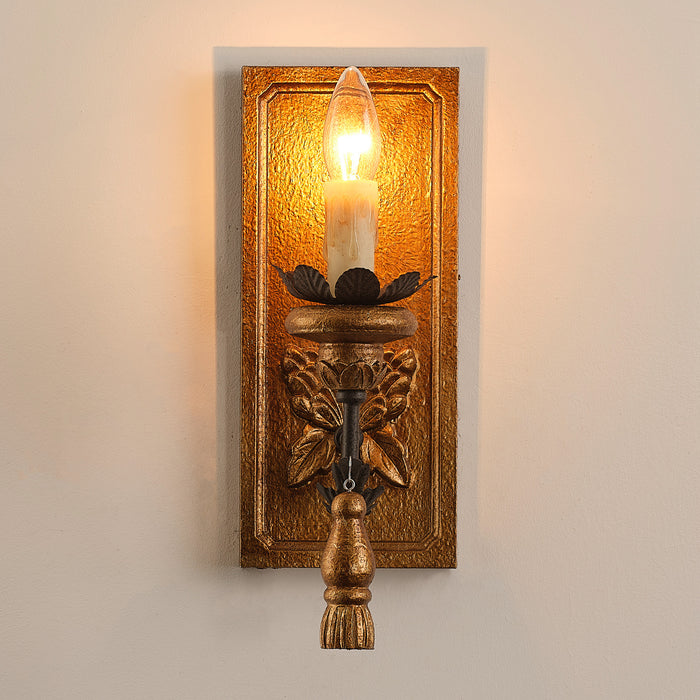 1-Light French Farmhouse Vintage Golden Solid Wood Carved Wall Sconces Lighting in Enterance