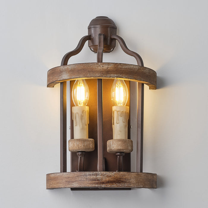 2-Light Farmhouse Brown Wood Iron Wall Sconces Lighting