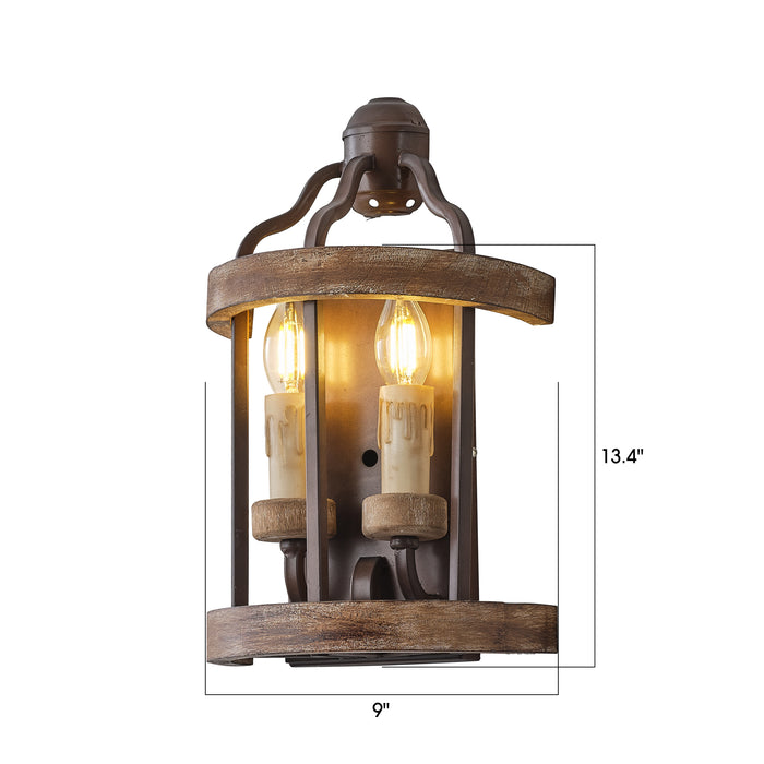 2-Light Farmhouse Brown Wood Iron Wall Sconces Lighting