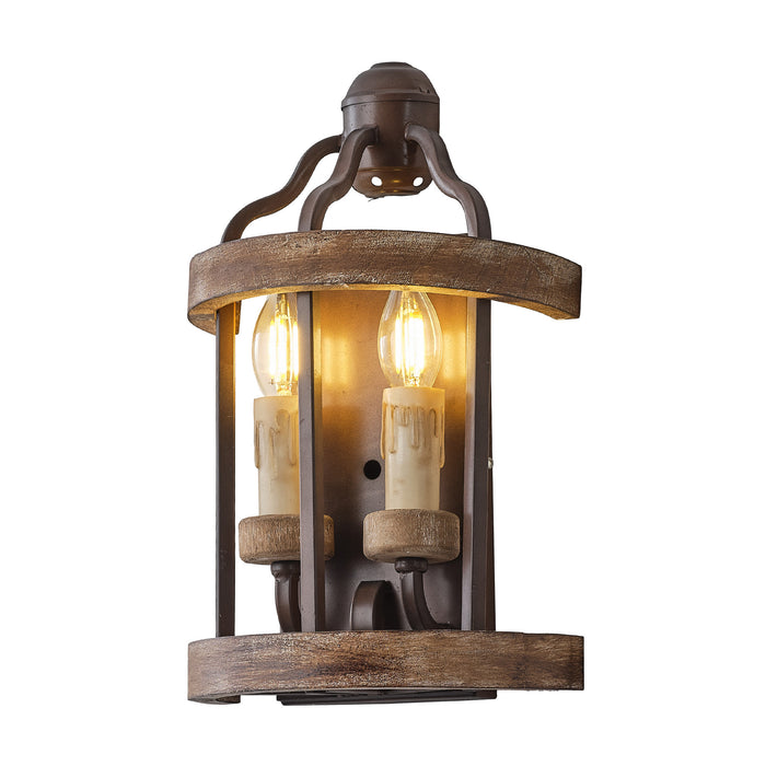 2-Light Farmhouse Brown Wood Iron Wall Sconces Lighting