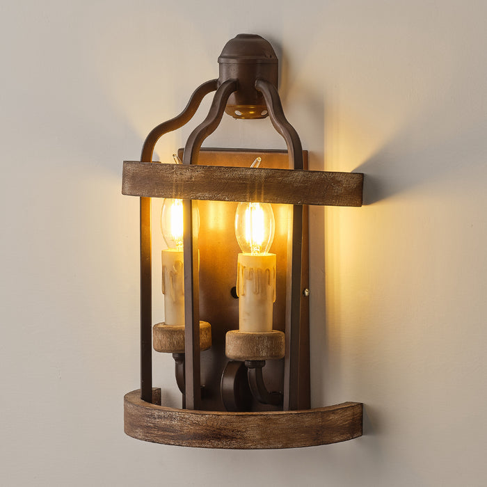 2-Light Farmhouse Brown Wood Iron Wall Sconces Lighting