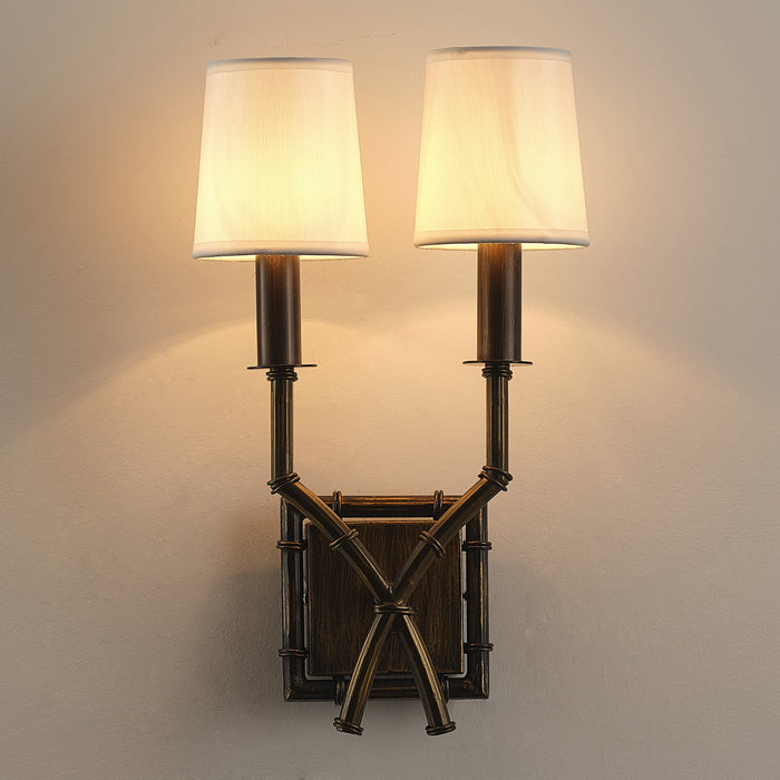 2-Light Antique Iron Bamboo Double Head Linen Lampshade Wall Sconces Lighting