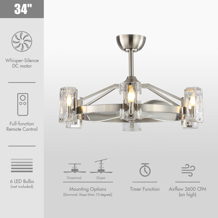 34" Bucholz Modern DC Motor Brushed Nickel Downrod Mount Reversible Ceiling Fan with LED Lighting and Remote Control