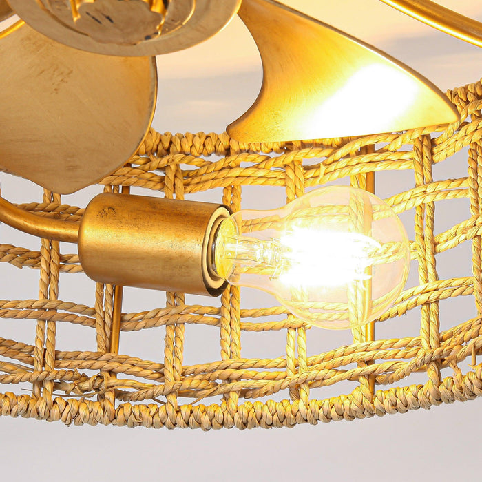 18 Inch Vintage Gold Farmhouse Rattan Flush Mount Ceiling Fan with Light APP and Remote Control