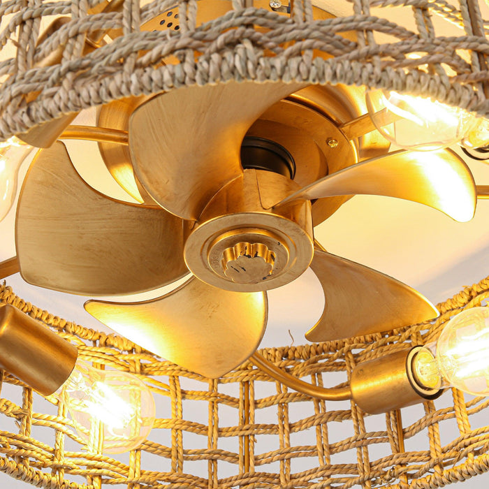 18 Inch Vintage Gold Farmhouse Rattan Flush Mount Ceiling Fan with Light APP and Remote Control
