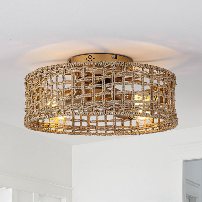 18 Inch Vintage Gold Farmhouse Rattan Flush Mount Ceiling Fan with Light APP and Remote Control