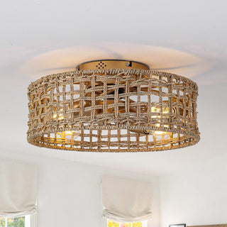 18 Inch Vintage Gold Farmhouse Rattan Flush Mount Ceiling Fan with Light APP and Remote Control