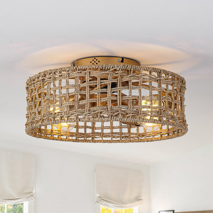 18 Inch Vintage Gold Farmhouse Rattan Flush Mount Ceiling Fan with Light APP and Remote Control