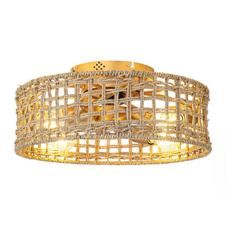 18 Inch Vintage Gold Farmhouse Rattan Flush Mount Ceiling Fan with Light APP and Remote Control