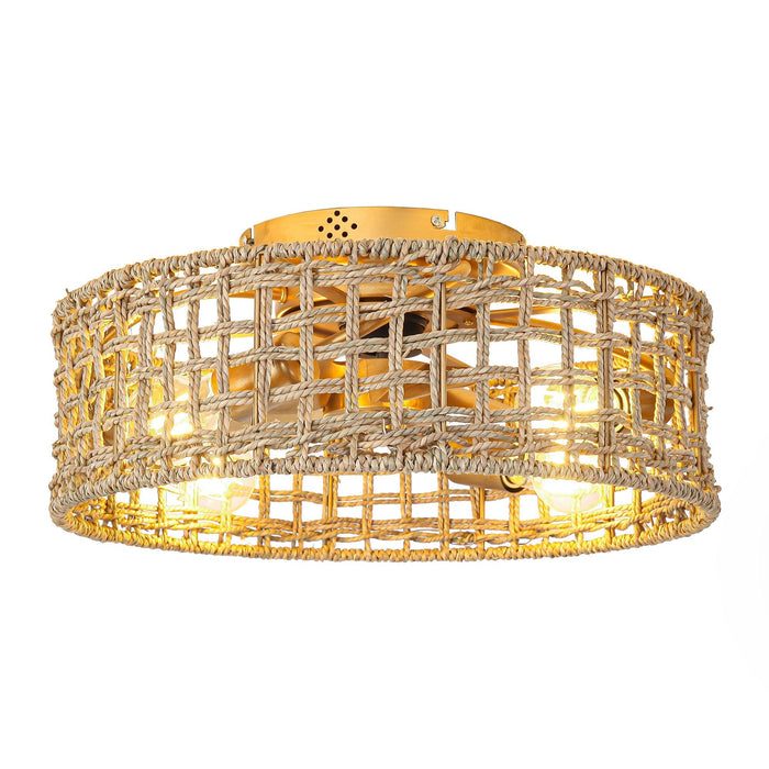 18 Inch Vintage Gold Farmhouse Rattan Flush Mount Ceiling Fan with Light APP and Remote Control