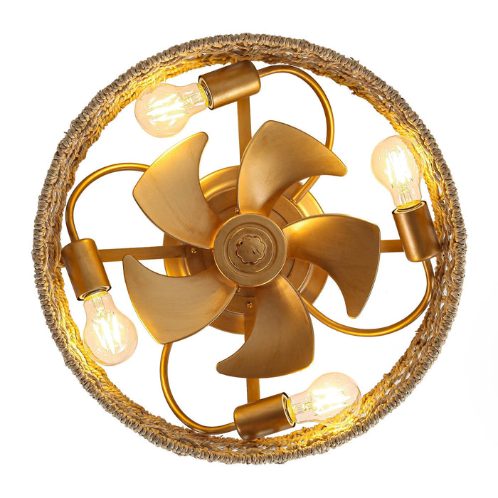 18 Inch Vintage Gold Farmhouse Rattan Flush Mount Ceiling Fan with Light APP and Remote Control