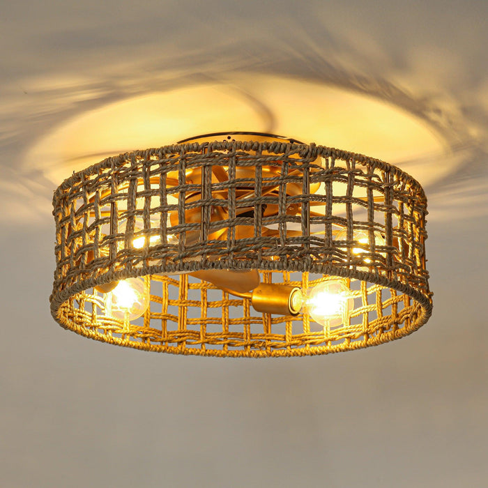 18 Inch Vintage Gold Farmhouse Rattan Flush Mount Ceiling Fan with Light APP and Remote Control