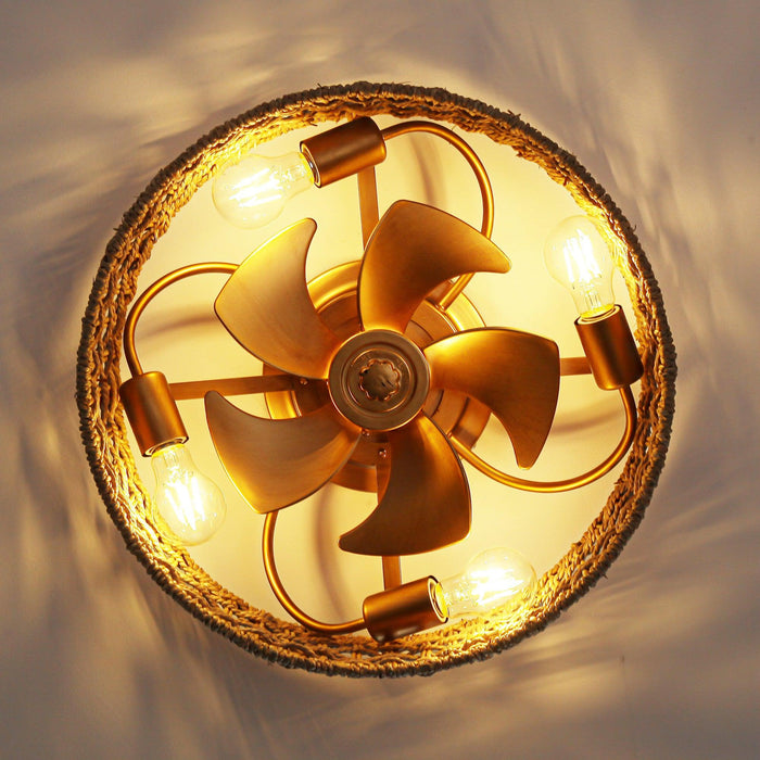 18 Inch Vintage Gold Farmhouse Rattan Flush Mount Ceiling Fan with Light APP and Remote Control