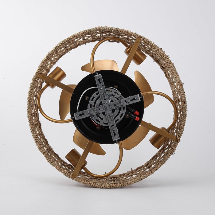 18 Inch Vintage Gold Farmhouse Rattan Flush Mount Ceiling Fan with Light APP and Remote Control
