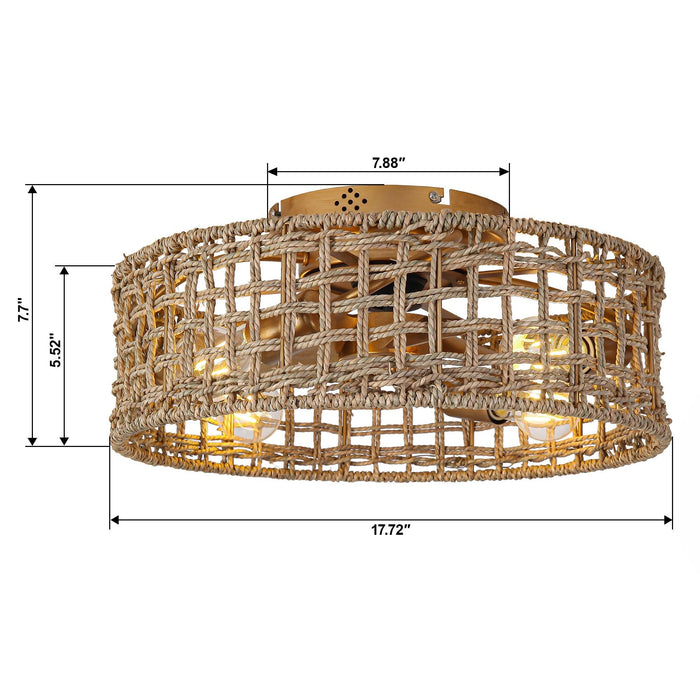 18 Inch Vintage Gold Farmhouse Rattan Flush Mount Ceiling Fan with Light APP and Remote Control