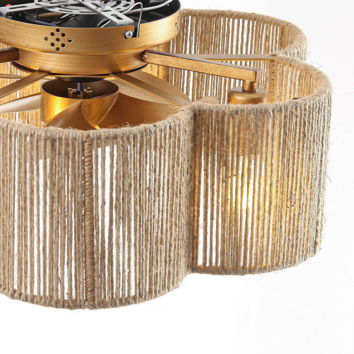 21 Inch Golden Flower-shape Farmhouse Rattan Flush Mount Ceiling Fan with Light APP and Remote Control