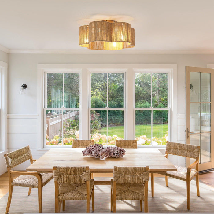 21 Inch Golden Flower-shape Farmhouse Rattan Flush Mount Ceiling Fan with Light APP and Remote Control