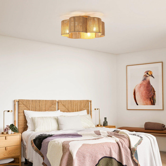 21 Inch Golden Flower-shape Farmhouse Rattan Flush Mount Ceiling Fan with Light APP and Remote Control