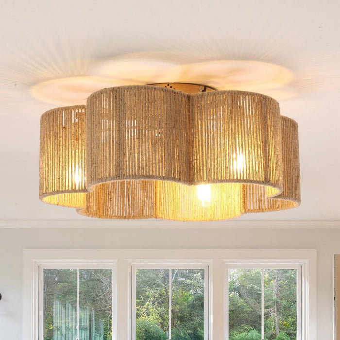 21 Inch Golden Flower-shape Farmhouse Rattan Flush Mount Ceiling Fan with Light APP and Remote Control